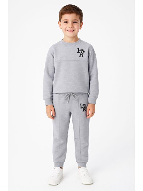Zepkids Baskılı  Nakışlı Gri Melanj Renk Erkek Çocuk Eşofman Takımı - S000426066-74