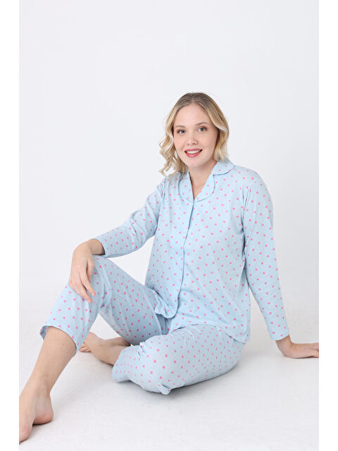 NBB Mavi Hearts Önden Düğmeli Pijama Takım - S000495890-17234