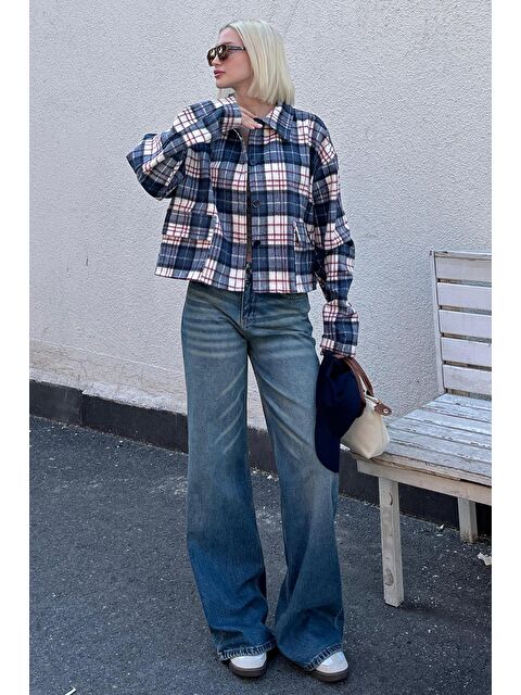 Madmext Lacivert Düğmeli Gömlek Yaka Oduncu Kısa Ceket Mg2181 - S000436197-21164