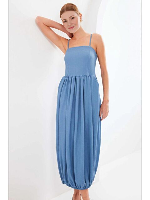 Hazelin Kadın Mavi Ayarlanabilir Askılı Paçası Lastikli Salopet Elbise HZL24S-BD124921 - S000245400-17234