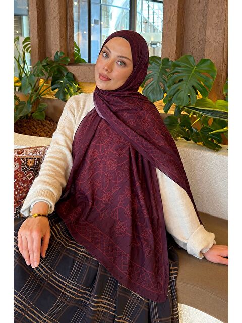 Lamelif Geometrik Desen Bambu Şal Koyu Bordo