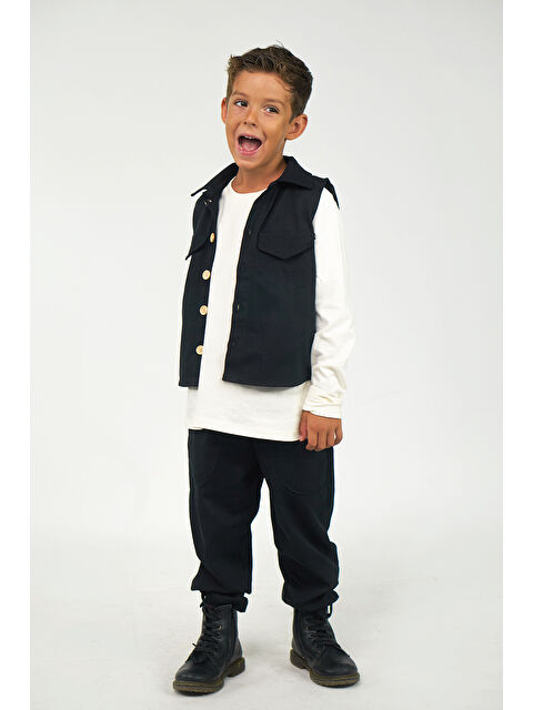 Catz Kids 3'lü Set Siyah Gabardin Spor Yelek + Siyah Gabardin Boyfriend Pantolon + Beyaz 2 İplik Sweat - S000286389-37424