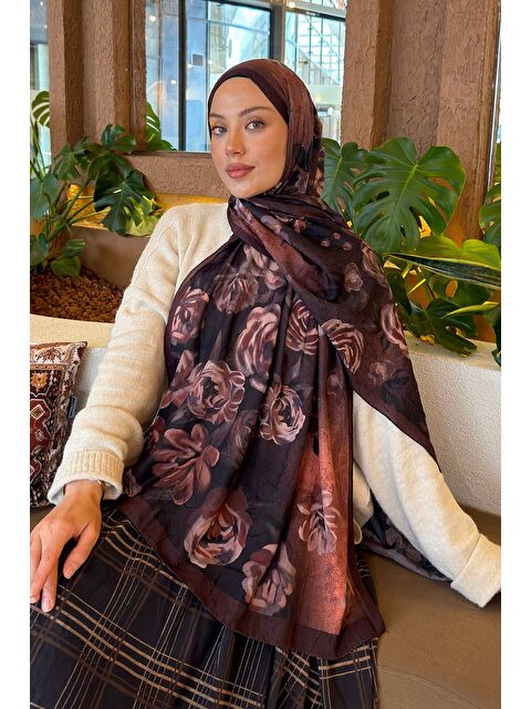 Lamelif Çiçek Desen Bambu Şal Kahverengi