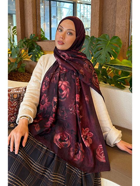 Lamelif Çiçek Desen Bambu Şal Koyu Bordo