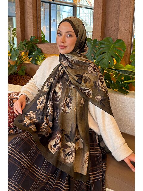 Lamelif Çiçek Desen Bambu Şal Haki