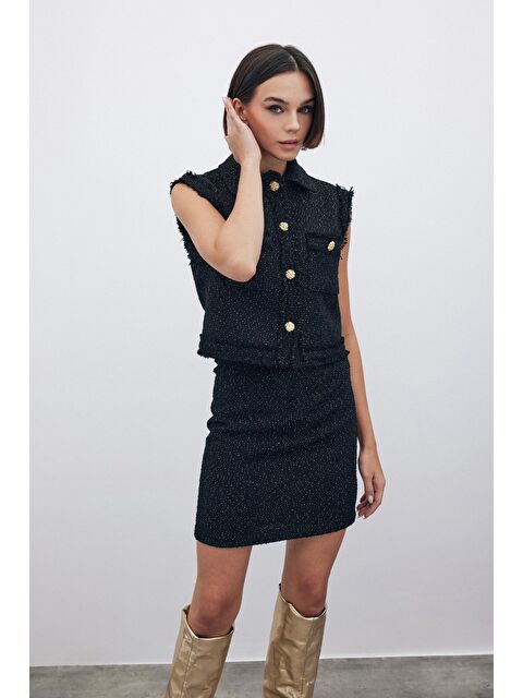 SATEEN Simli Mini Tüvit Etek - Siyah - S000384781-19351