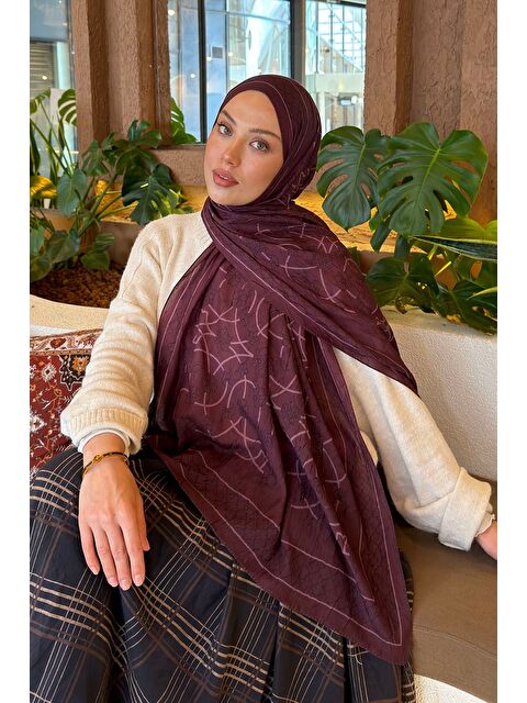 Lamelif Geometrik Desen Bambu Şal Mürdüm