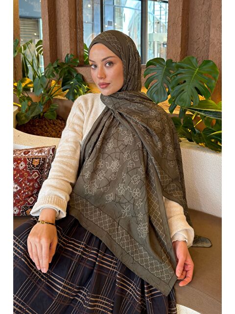 Lamelif Geometrik Desen Bambu Şal Haki