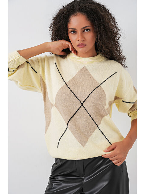 Bigdart 15895 Baklava Desenli Oversize Triko Kazak - C. Vizon - S000291467-5173