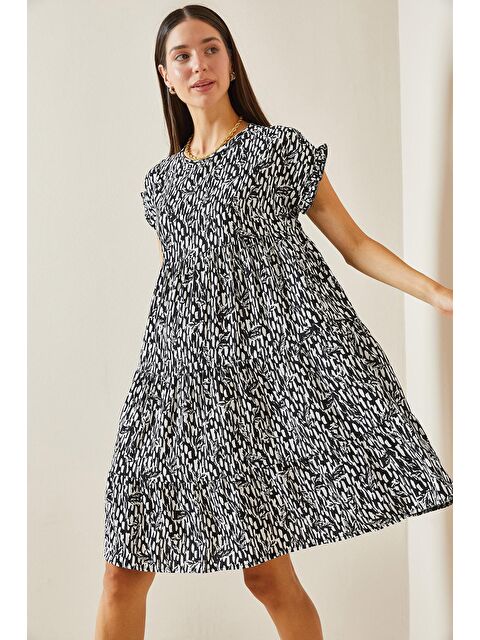 Xhan Siyah Desenli Bisiklet Yaka Robalı Mini Elbise 5YXK6-48873-02 - S000241828-19351