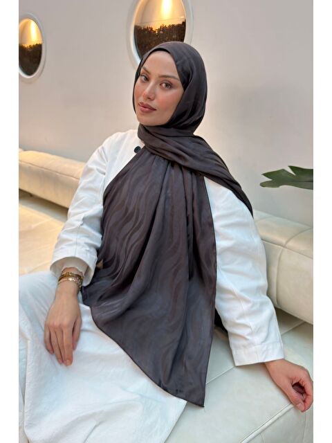 Lamelif Shine Desen Ayrobin Floş Jakar Şal Antrasit