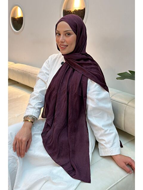 Lamelif Shine Desen Ayrobin Floş Jakar Şal Mürdüm