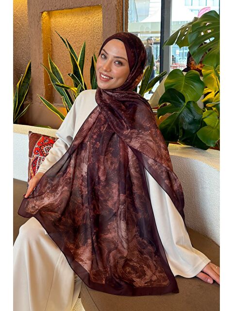 Lamelif Gül Çiçek Desen Ferah Şal Acı Kahverengi