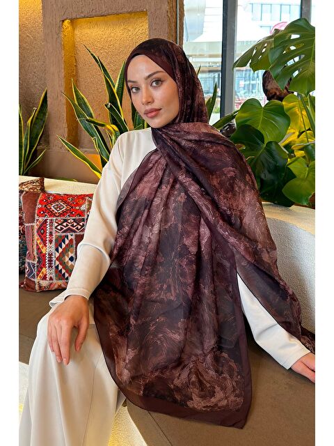 Lamelif Gül Çiçek Desen Ferah Şal Çikolata Kahve