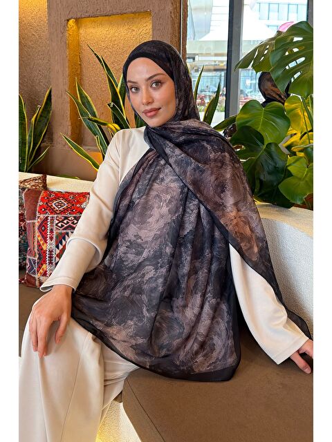 Lamelif Gül Çiçek Desen Ferah Şal Antrasit