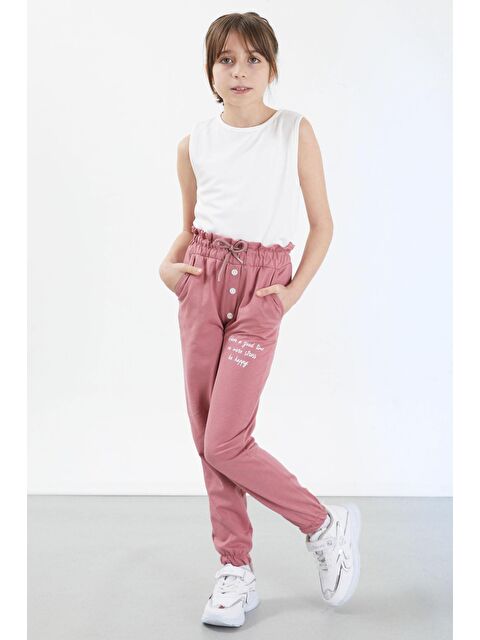 Cansın Mini Gül Kurusu Have a Good Time Yazılı Düğme Detaylı Kız Eşofman Altı 17673 - S000146735-20028