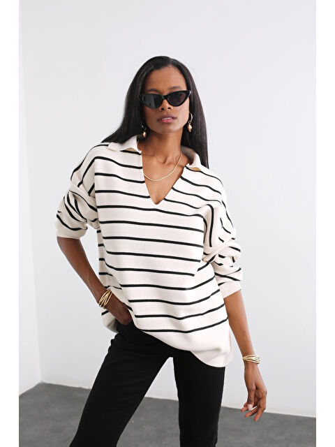 Hazelin Kadın Ekru Siyah Çizgili Polo Yaka Triko Kazak HZL25W-BD1100841 - S000320604-19965