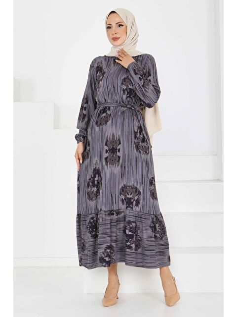 Tofisa Desenli Kuşaklı Elbise Gri - 27558 - S000439430-20600