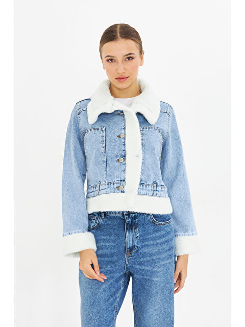 Comstar Yakası Ve Kolları Kürklü Mavi Jean Mont - S000320609-17234