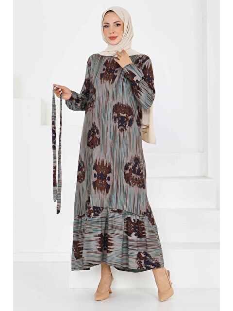 Tofisa Desenli Kuşaklı Elbise Yesil - 27558 - S000439430-18194