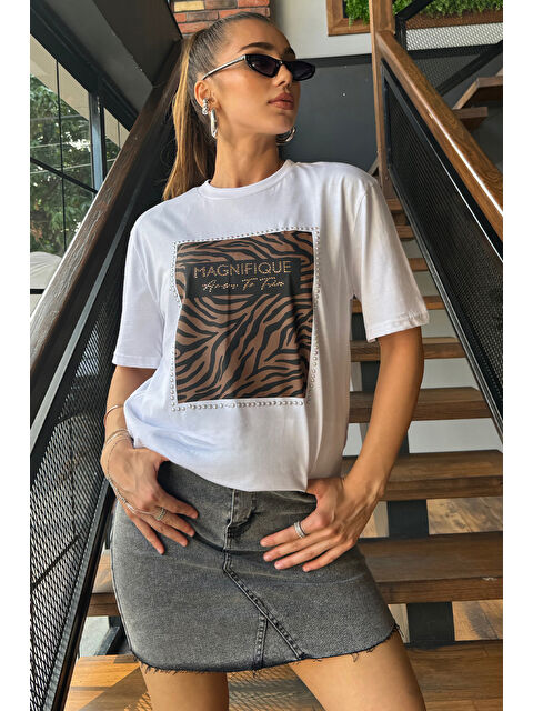 Gülseli Bisiklet Yaka Baskılı Kadın Tişört - S000289760-20063