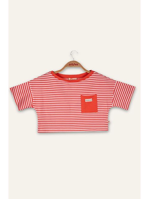 ZEYLAND Kız Çocuk Çizgili Çep Detaylı Crop T-Shirt - Coral Çizgili - S000363870-20048