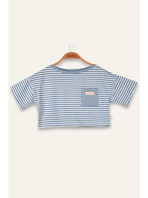 ZEYLAND Kız Çocuk Çizgili Çep Detaylı Crop T-Shirt - Mavi Çizgili - S000363872-17234