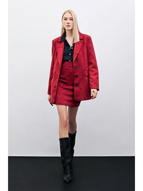 SATEEN Kısa Süet Etek - Bordo - S000338654-19951