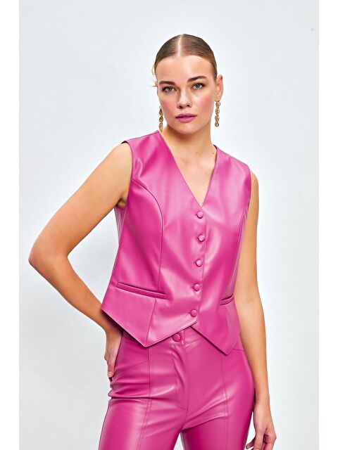 SATEEN Düğme Detaylı Deri Yelek - Fuşya - S000324344-18686
