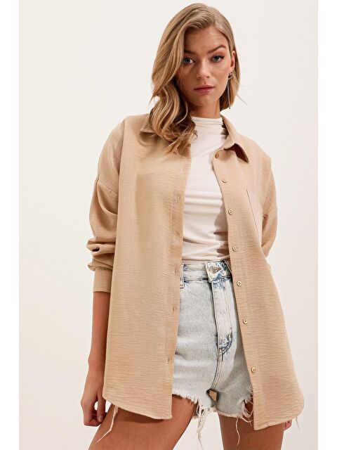 Bigdart 20153 Tek Cepli Oversize Keten Gömlek - A.Bej - S000085424-19927