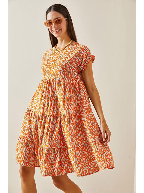 Xhan Turuncu Desenli Bisiklet Yaka Robalı Mini Elbise 5YXK6-48873-11 - S000241828-20013