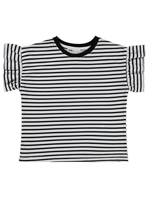Civil Girls Çizgili Volan Kol 10-13 Yaş Tişört - Siyah