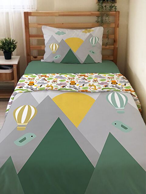 Evmila Balon ve Dağ Desenli Çarşafsız 2'li Takım Baskılı Tek Kişilik Nevresim Takımı 160x220 cm - S000426069-23173