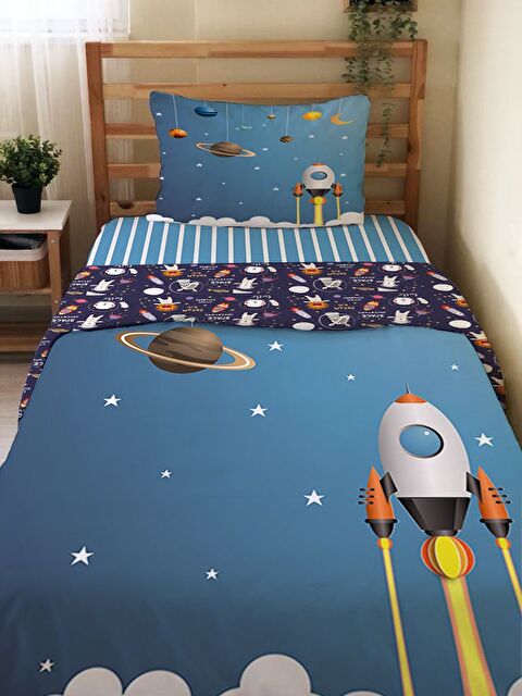 Evmila Uzay Desenli Çarşafsız 2'li Takım Baskılı Tek Kişilik Nevresim Takımı 160x220 cm - S000426074-23173