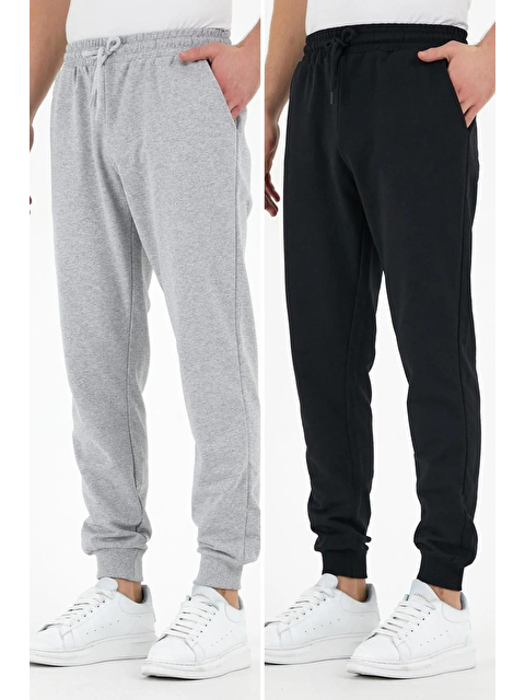 Mmetalic Siyah-Gri 2'li  Erkek Büyük Beden Jogger Eşofman Altı Etiketli Arka ve Yan Cepli Regular Fit - S000295060-37430