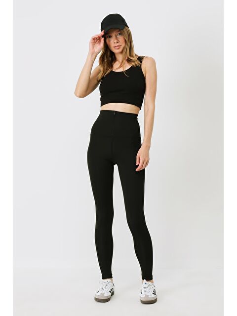 C&City Fermuarlı Yüksek Bel Uzun Spor Tayt 9415 Siyah - S000222366-19351