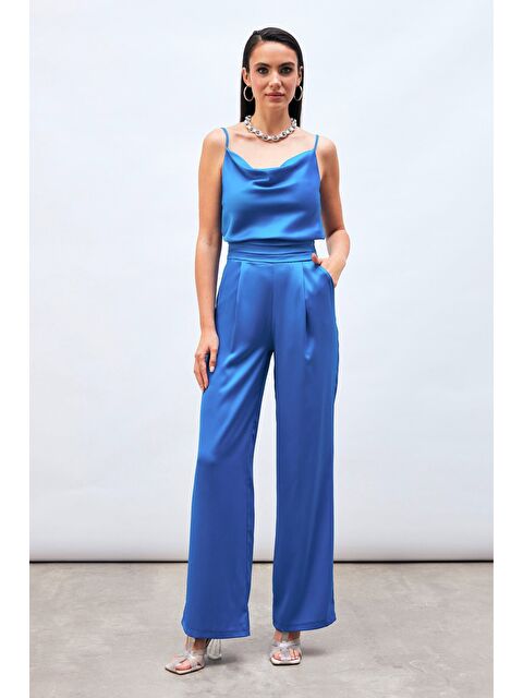 SATEEN Cepli Salaş Saten Pantolon - İndigo - S000323797-23093