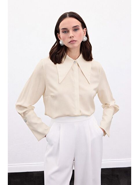 SATEEN Yaka Ve Manşet Aksesuarlı Gömlek - Bej - S000499961-19928