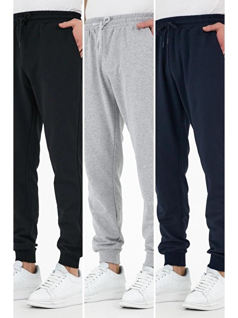 Mmetalic Siyah-Gri-Lacivert 3'lü  Erkek Jogger Eşofman Altı Etiketli Arka ve Yan Cepli Regular Fit - S000295060-2596