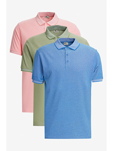 AC&Co / Altınyıldız Classics Erkek YESIL-ACIK PEMBE-SAKS Slim Fit Dar Kesim 3 'lü Kıvrılmaz Polo Yaka Tişört