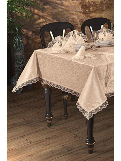 Çeyiz Diyarı Güpürlü Kdk Masa Örtüsü Takımı 18 Parça Cappucino - S000502326-19413