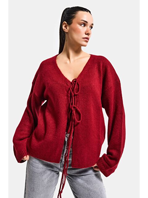 It's Basic Kadın Bordo Renk w5-35 Önü Bağcıklı Oversize Triko Kazak - S000508170-19951