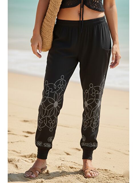 Chiccy Siyah-Beyaz Baskılı Cepli Lastikli Bel Lastikli Paça Casual Örme Şalvar Pantolon 95 60 - S000508129-37424