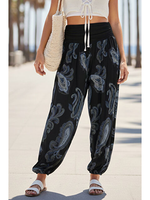 Chiccy İtalyan Siyah Şal Desenli İnce Yüksek Bel Lastikli Paça Casual Bol Dokuma Pantolon 102 55-75 - S000508132-19351