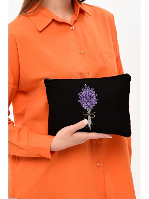 Bagg Clutch Lavender Bunch Siyah Kanvas Makyaj Çantası - S000155010-19351