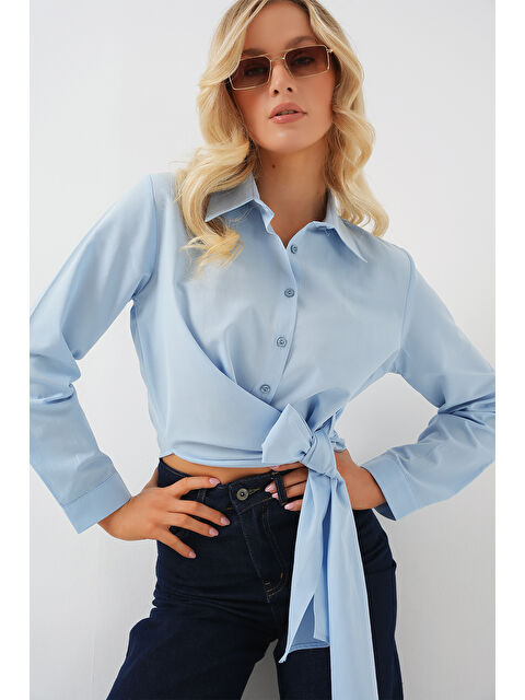 Bigdart Kadın Bağlamalı Uzun Kol Gömlek 20325 - Mavi - S000386765-17234