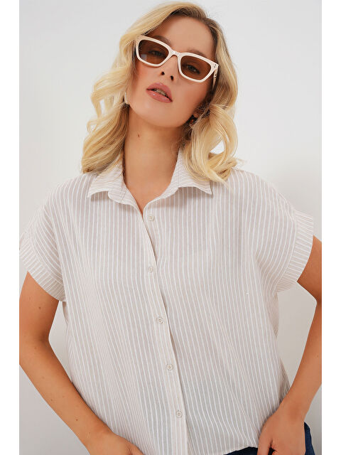 Bigdart Kadın Çizgili Kısa Kol Gömlek 20324 - Krem - S000386767-19966