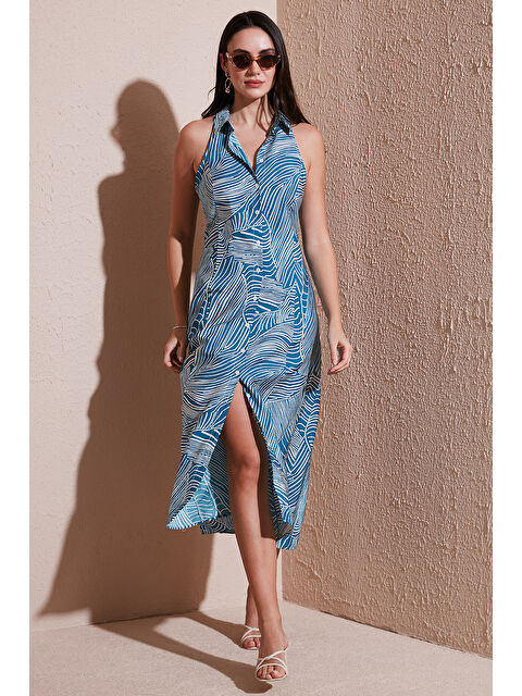 Lela Desenli Slim Fit Düğmeli Midi Boy Kadın Gömlek Elbise 6772451 - S000348229-20019