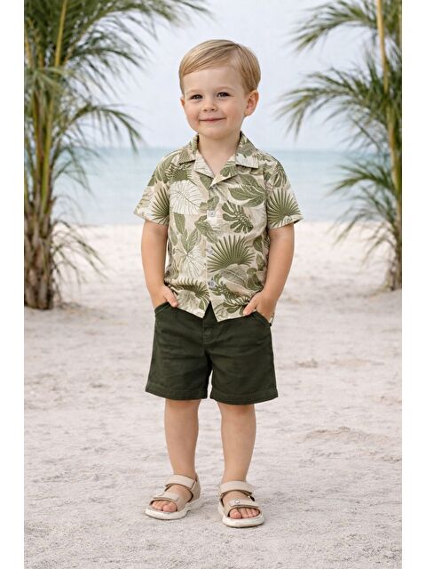 Kidex's Tarz Yaprak Desenli Gömlek Belden Ayarlanabilir Slopetli Kısa Kollu Şortlu 2'li Takım Çocuk ve