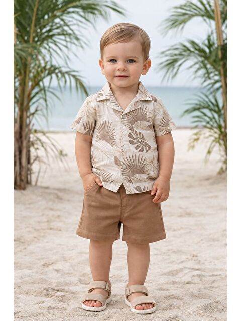 Kidex's Tarz Yaprak Desenli Gömlek Belden Ayarlanabilir Slopetli Kısa Kollu Şortlu 2'li Takım Çocuk ve